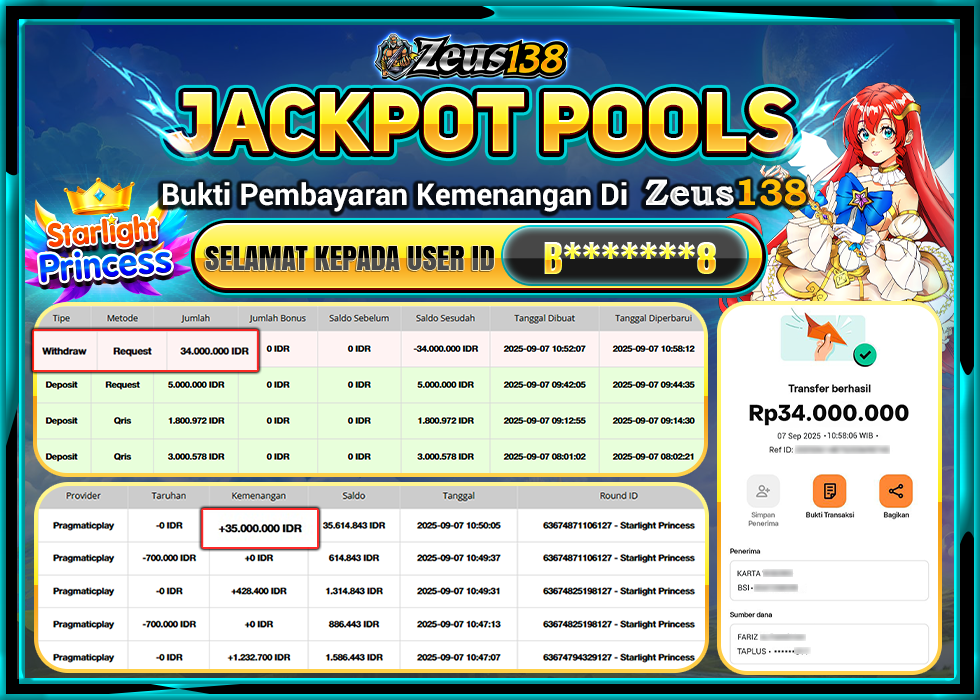 ZEUS138 STARLIGHT PRINCESS RP.34.000.000 LUNAS